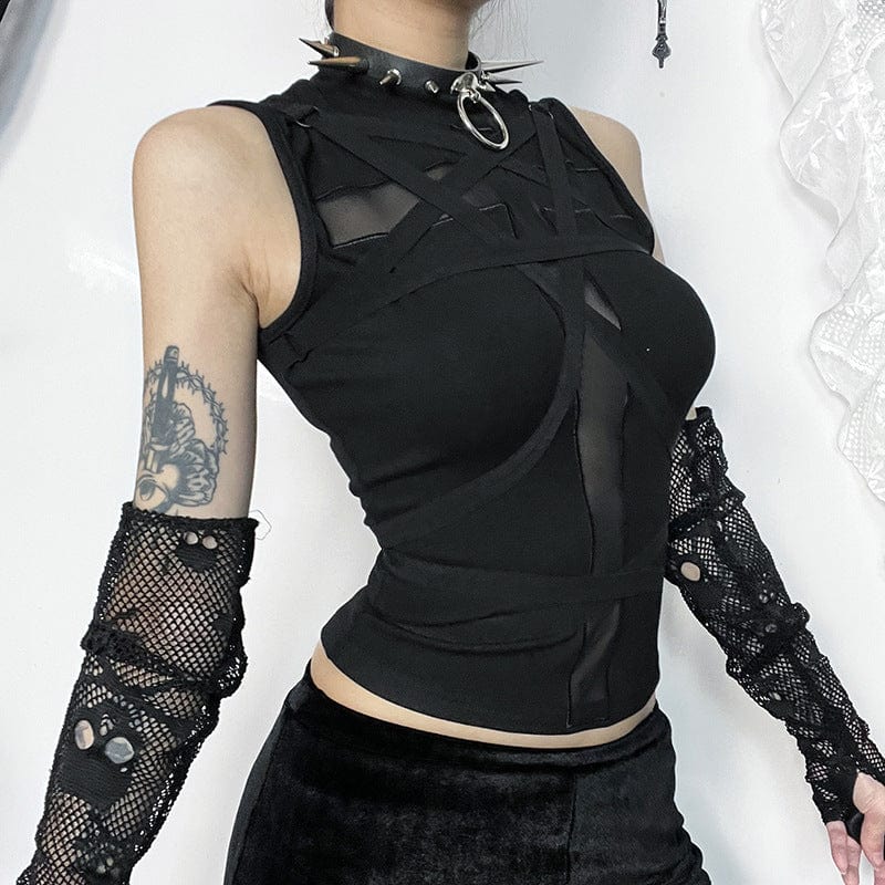 Punk Cross Mesh Splice Strap Tank Top