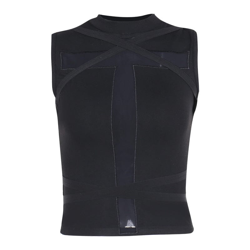 Punk Cross Mesh Splice Strap Tank Top