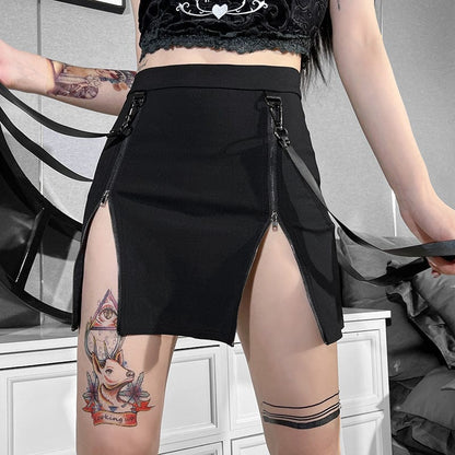 Punk Double Zip Wrap Skirt with Straps
