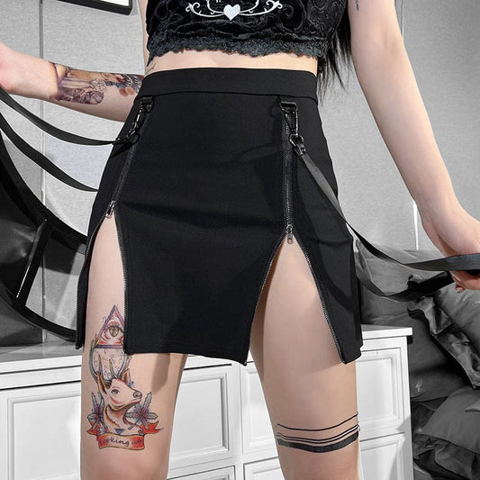 Punk Double Zip Wrap Skirt with Straps