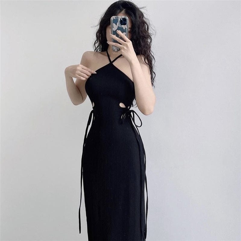 Punk Halterneck Side Lacing-up Long Dress