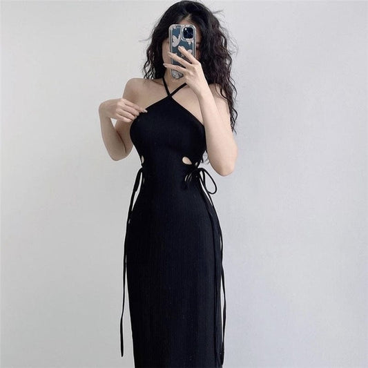 Punk Halterneck Side Lacing-up Long Dress