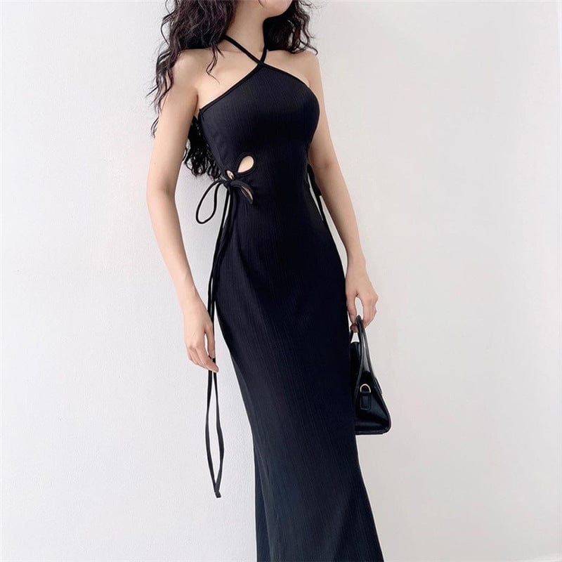 Punk Halterneck Side Lacing-up Long Dress