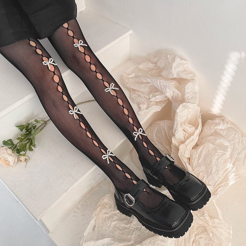 Punk Pearl Bowknot Fishnet Pantynose