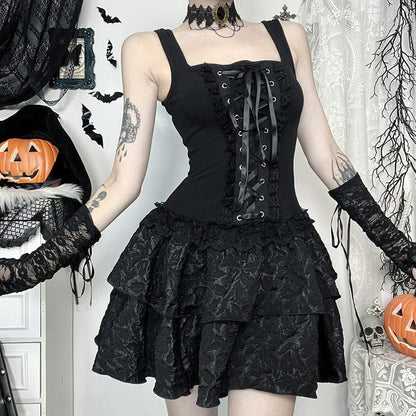 Punk Pleated Lace-up Slip Dress Graduation Dress