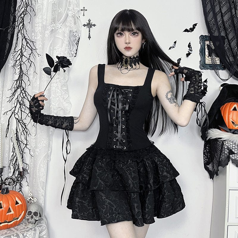 Punk Pleated Lace-up Slip Dress Graduation Dress