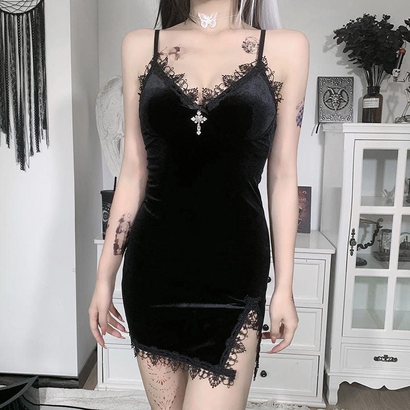 Gothic Plunging Lace Splice Velvet Slip Dress