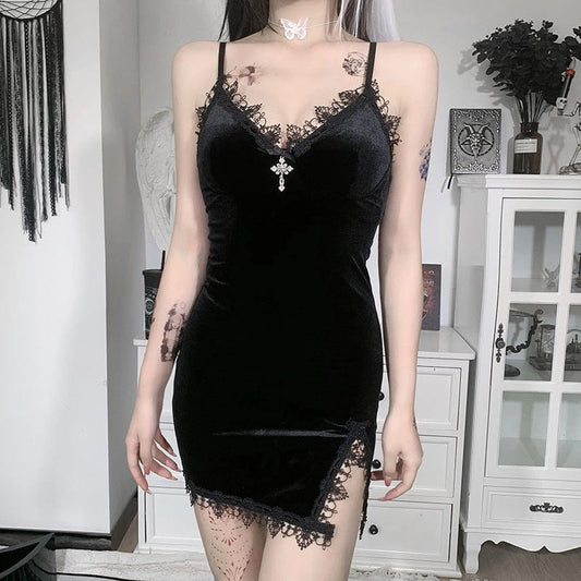 Gothic Plunging Lace Splice Velvet Slip Dress