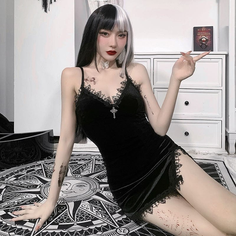 Gothic Plunging Lace Splice Velvet Slip Dress