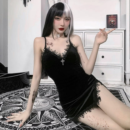 Gothic Plunging Lace Splice Velvet Slip Dress