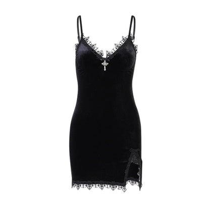 Gothic Plunging Lace Splice Velvet Slip Dress