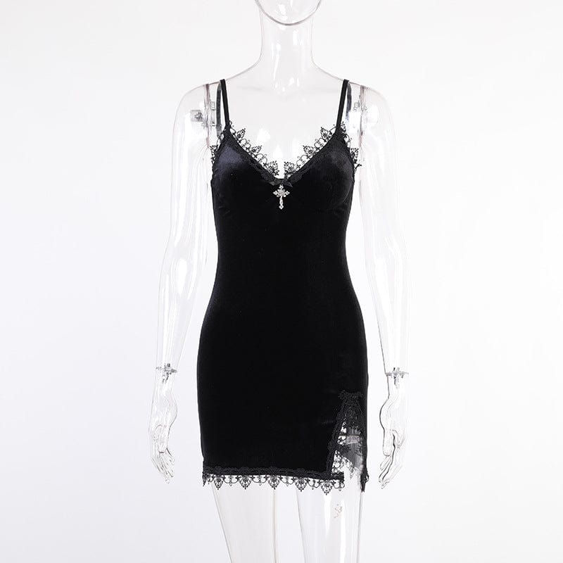 Gothic Plunging Lace Splice Velvet Slip Dress