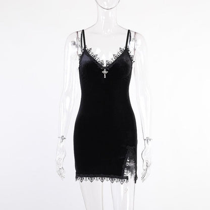 Gothic Plunging Lace Splice Velvet Slip Dress