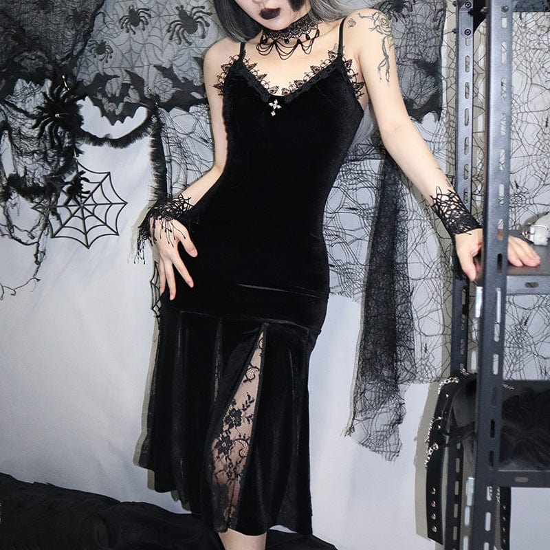 Gothic Velvet Lace Fishtail Slip Dress