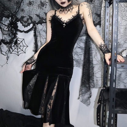 Gothic Velvet Lace Fishtail Slip Dress