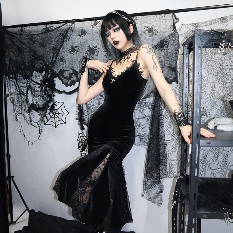 Gothic Velvet Lace Fishtail Slip Dress