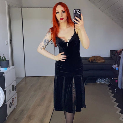 Gothic Velvet Lace Fishtail Slip Dress
