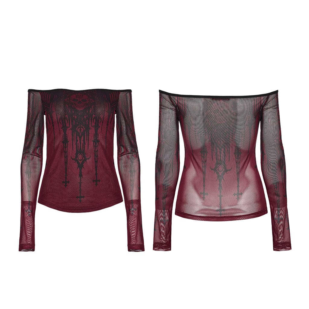 Gothic Church Skull Printed Off Shoulder Mesh Top