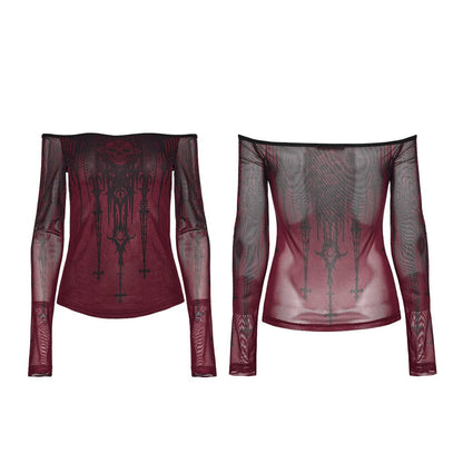 Gothic Church Skull Printed Off Shoulder Mesh Top