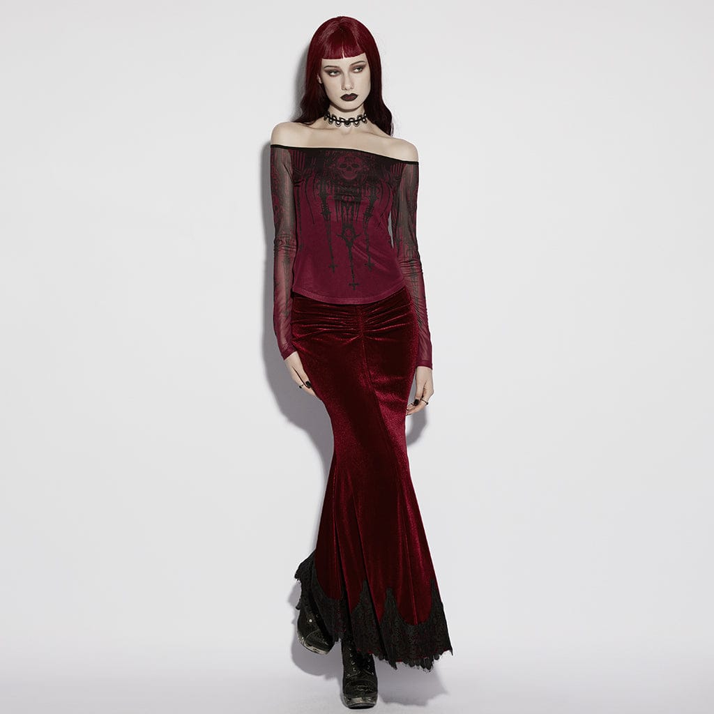 Gothic Church Skull Printed Off Shoulder Mesh Top