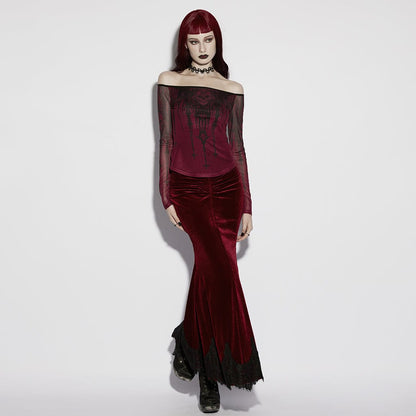 Gothic Church Skull Printed Off Shoulder Mesh Top