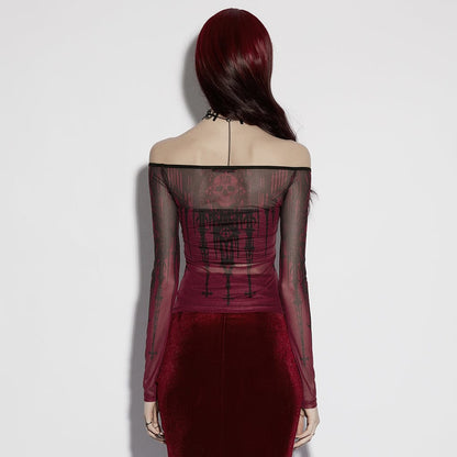 Gothic Church Skull Printed Off Shoulder Mesh Top