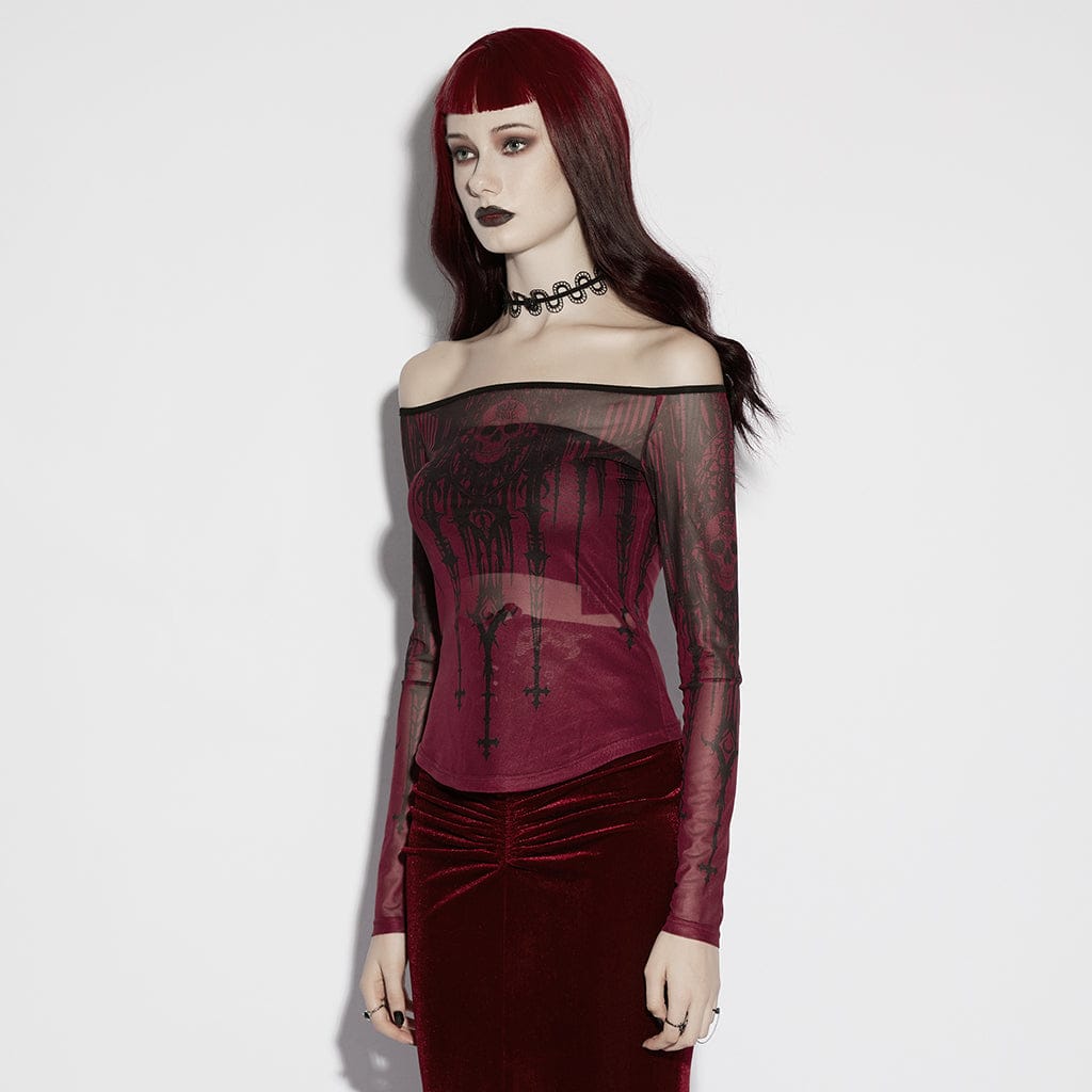 Gothic Church Skull Printed Off Shoulder Mesh Top