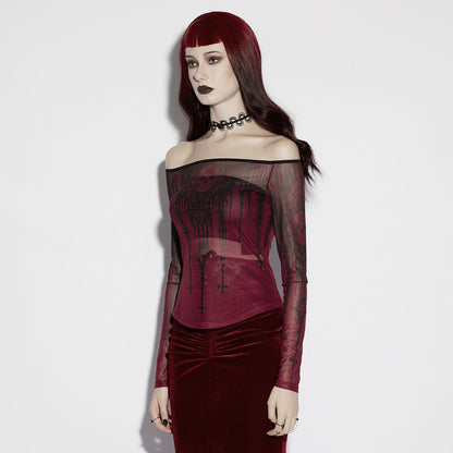 Gothic Church Skull Printed Off Shoulder Mesh Top