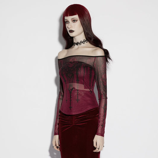 Gothic Church Skull Printed Off Shoulder Mesh Top