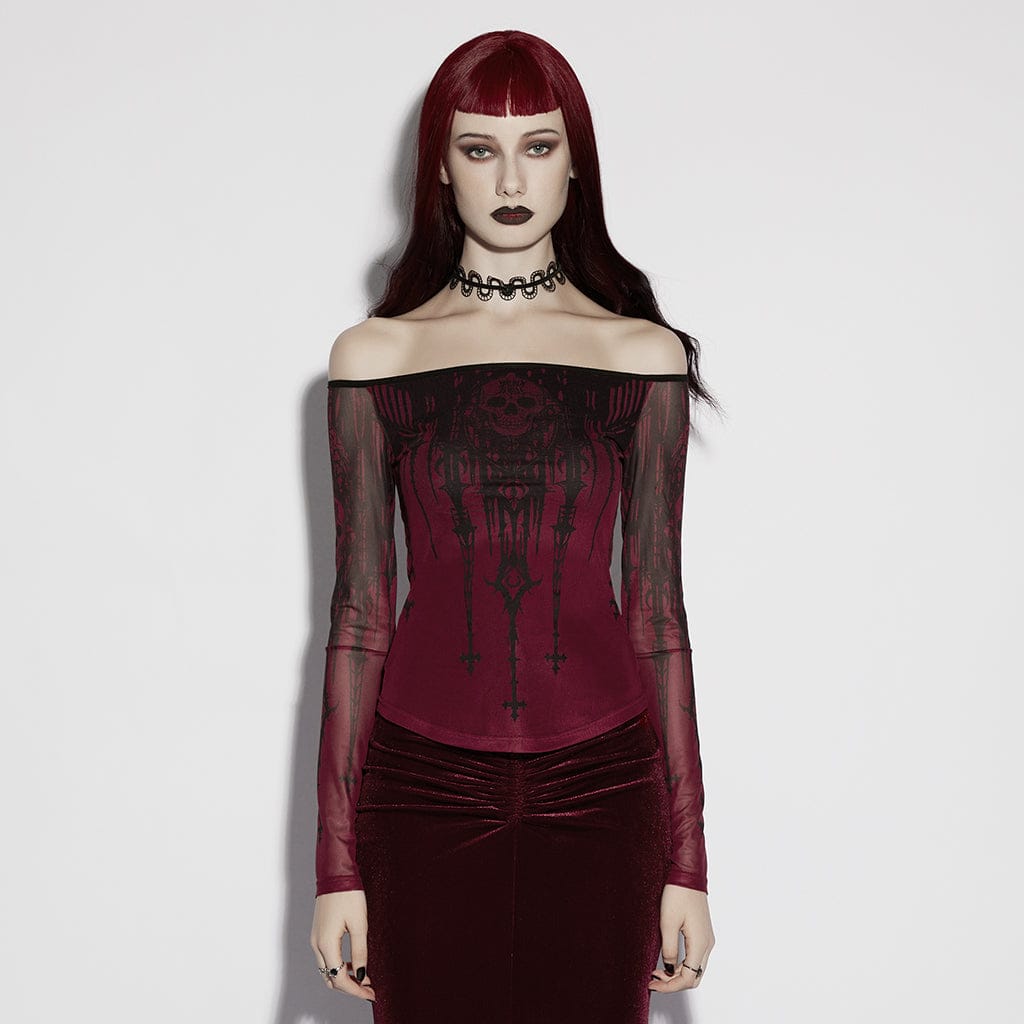 Gothic Church Skull Printed Off Shoulder Mesh Top