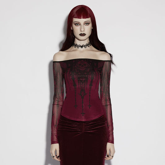 Gothic Church Skull Printed Off Shoulder Mesh Top