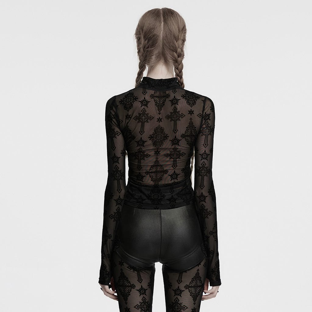 Gothic Cross Flocking Mesh Sheer T-shirt