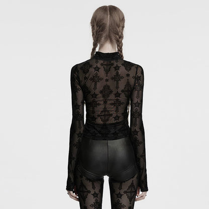 Gothic Cross Flocking Mesh Sheer T-shirt