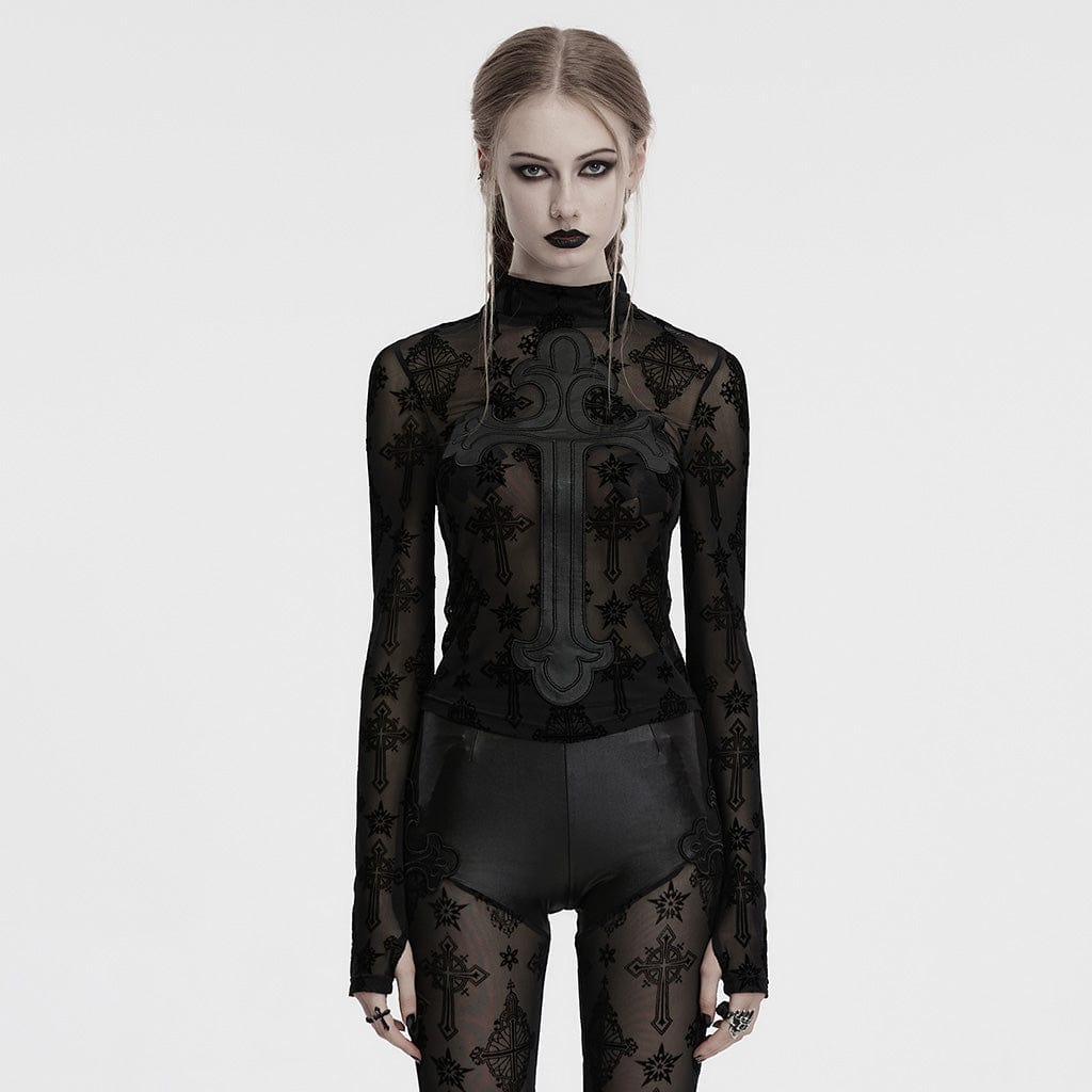Gothic Cross Flocking Mesh Sheer T-shirt