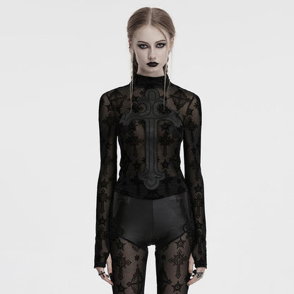 Gothic Cross Flocking Mesh Sheer T-shirt
