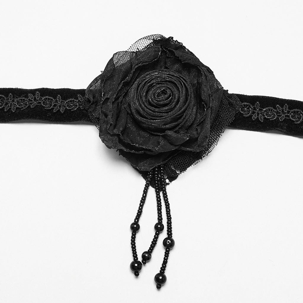 Gothic Floral Embroidered Rose Velvet Choker Black