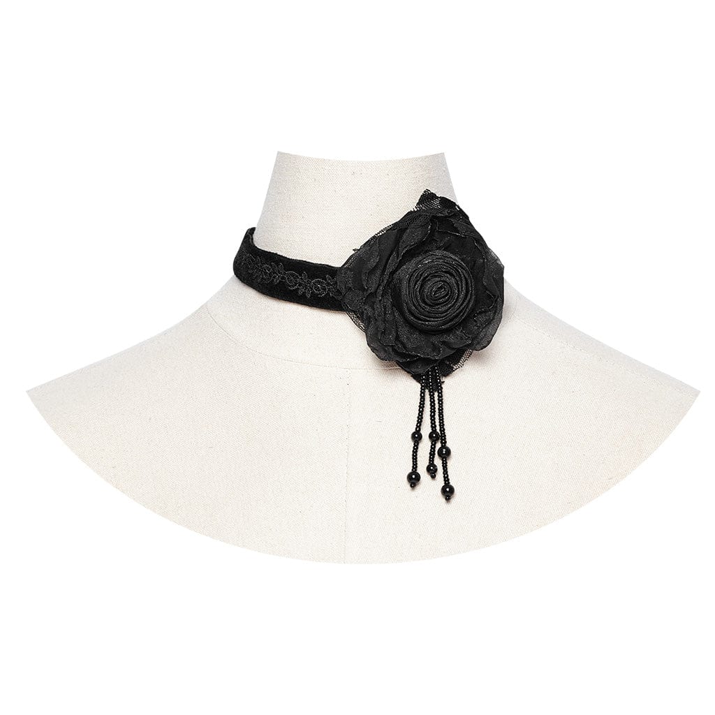 Gothic Floral Embroidered Rose Velvet Choker Black