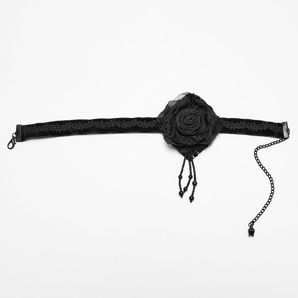Gothic Floral Embroidered Rose Velvet Choker Black
