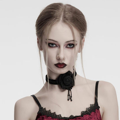 Gothic Floral Embroidered Rose Velvet Choker Black