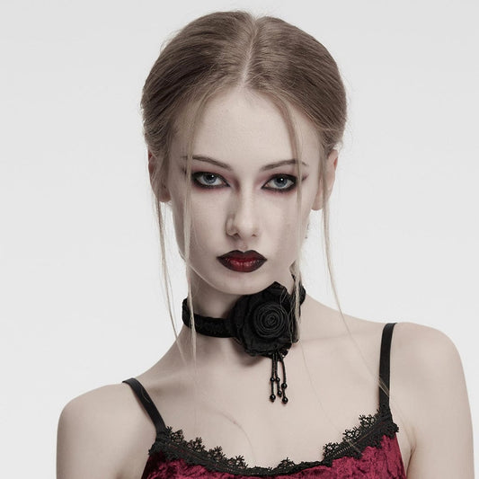 Gothic Floral Embroidered Rose Velvet Choker Black