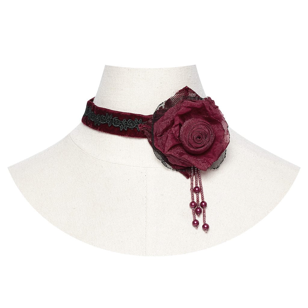 Gothic Floral Embroidered Rose Velvet Choker Red