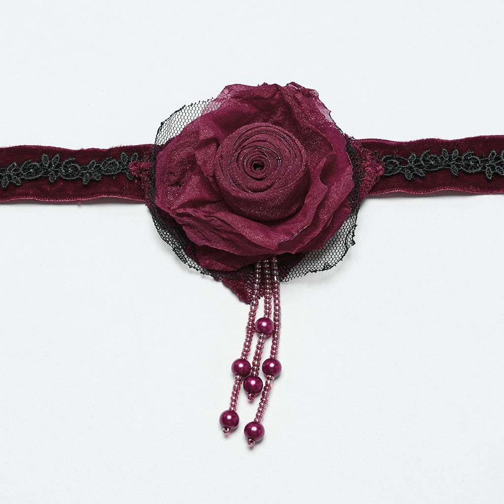 Gothic Floral Embroidered Rose Velvet Choker Red