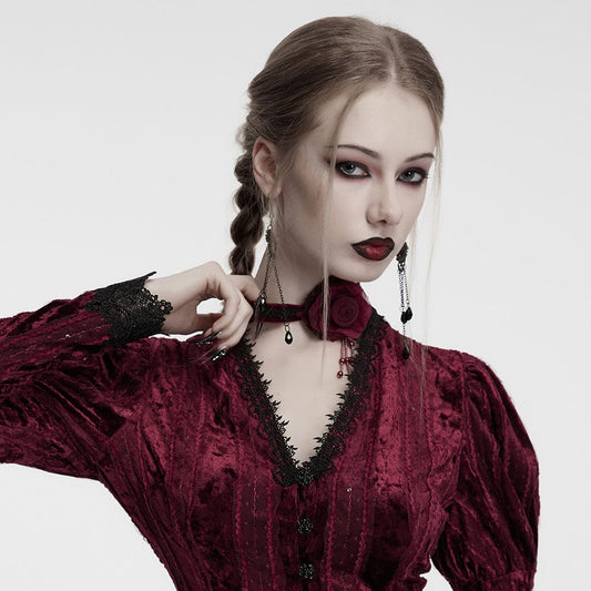 Gothic Floral Embroidered Rose Velvet Choker Red