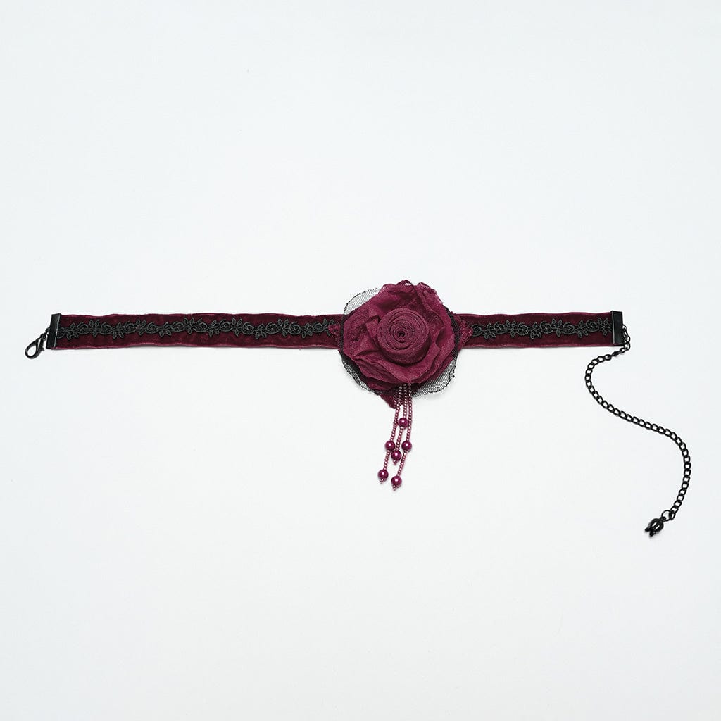 Gothic Floral Embroidered Rose Velvet Choker Red