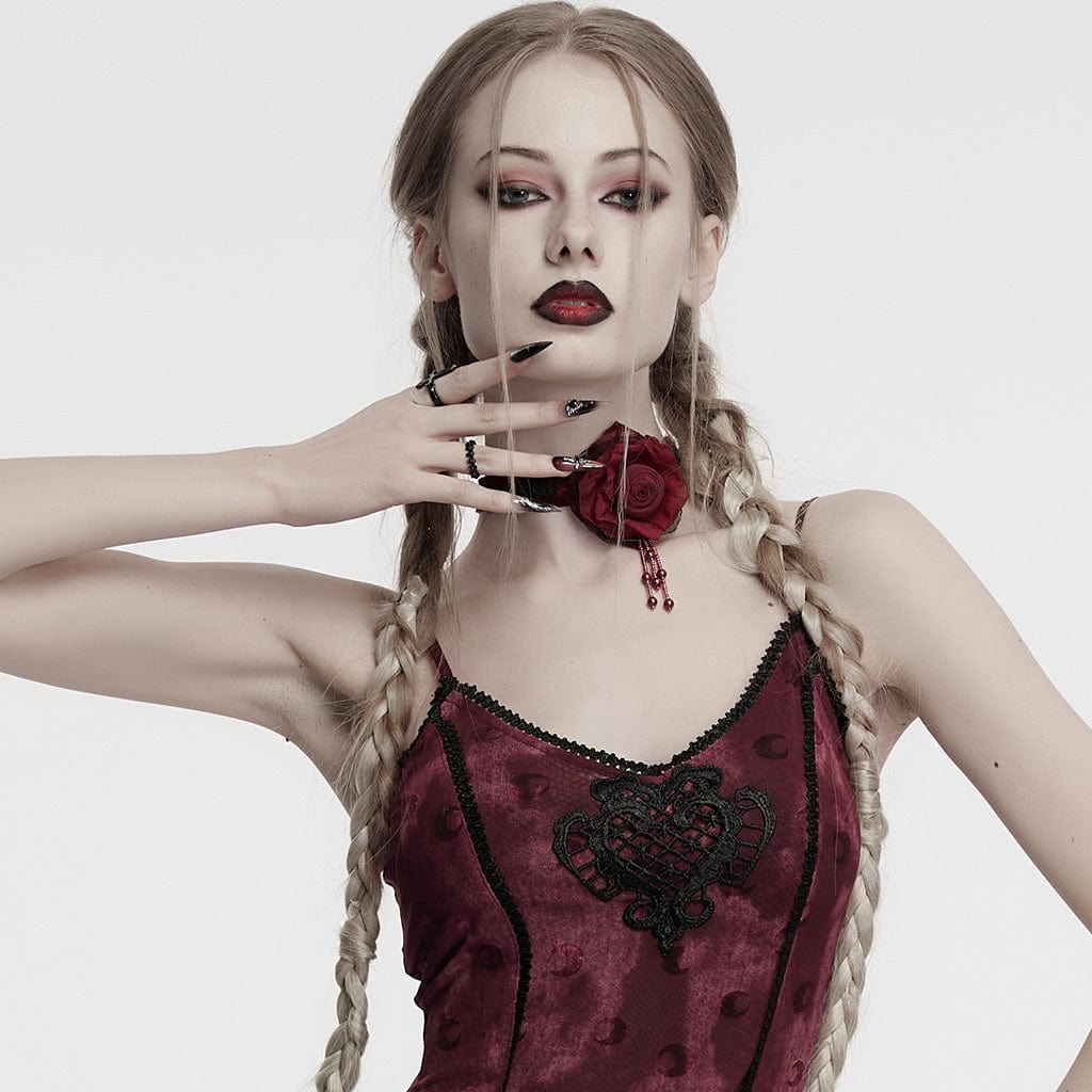 Gothic Floral Embroidered Rose Velvet Choker Red