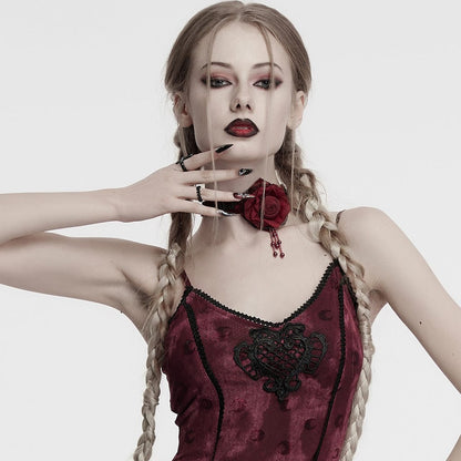 Gothic Floral Embroidered Rose Velvet Choker Red