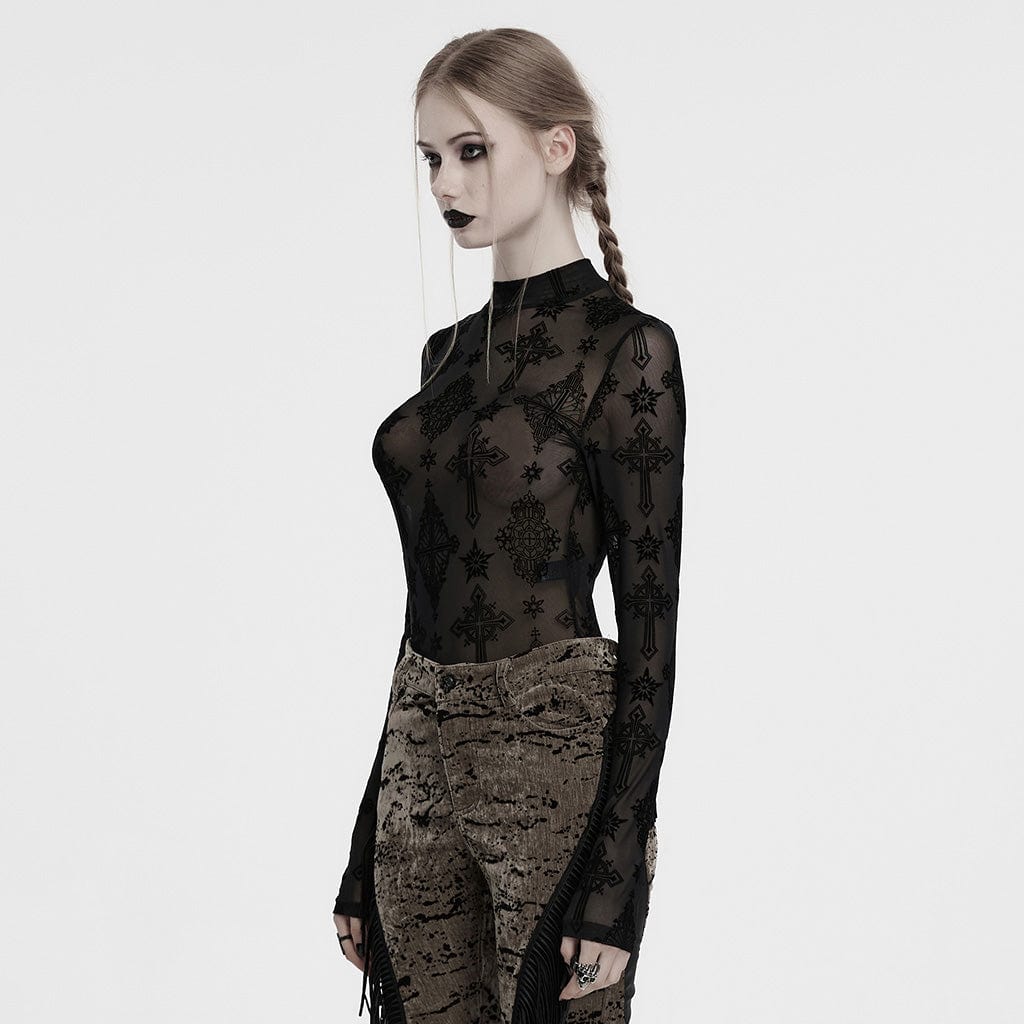 Gothic Star Cross Flocking Mesh T-shirt