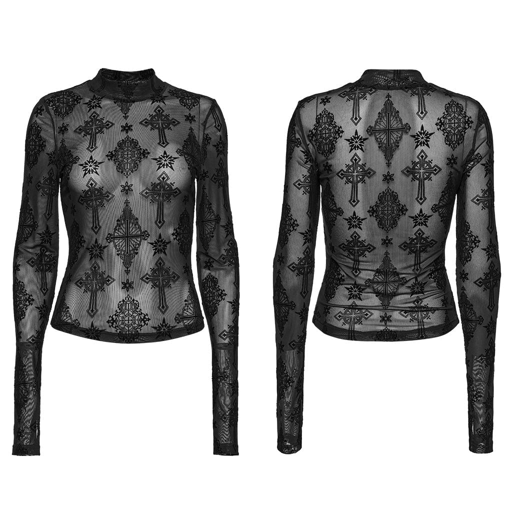 Gothic Star Cross Flocking Mesh T-shirt