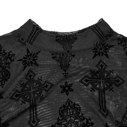 Gothic Star Cross Flocking Mesh T-shirt