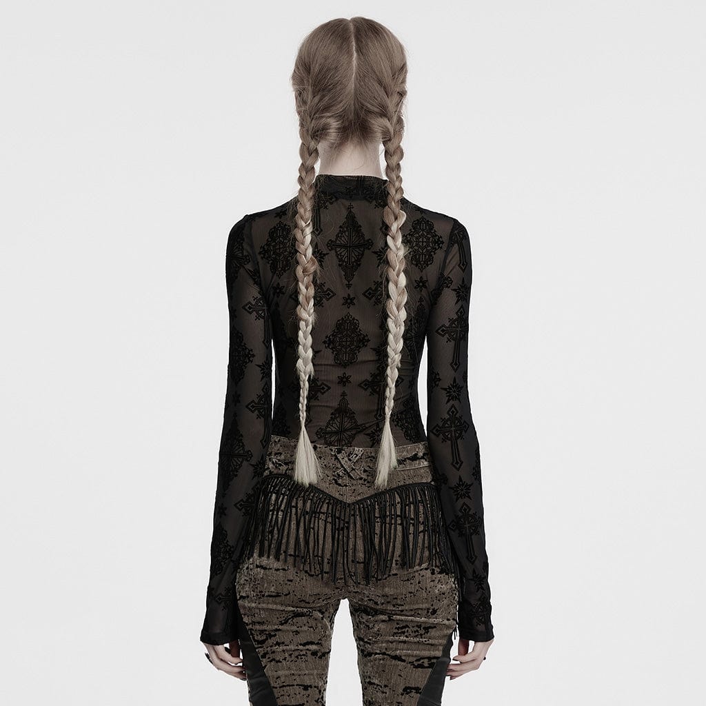 Gothic Star Cross Flocking Mesh T-shirt